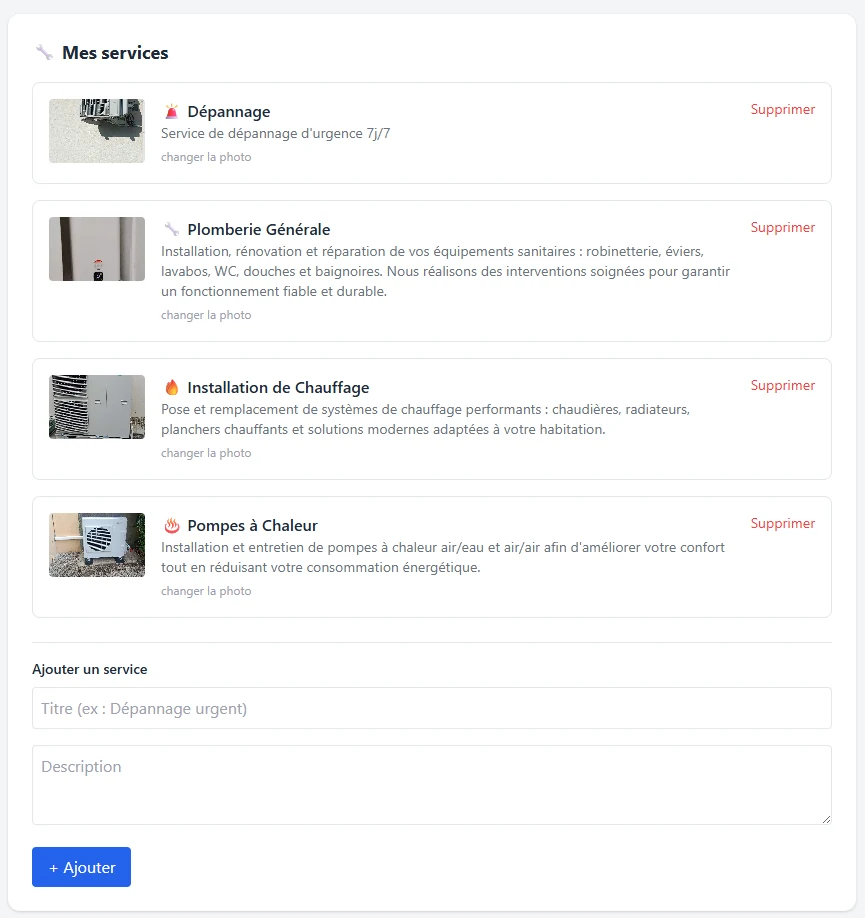 Administration pour modifier, supprimer et ajouter les services
