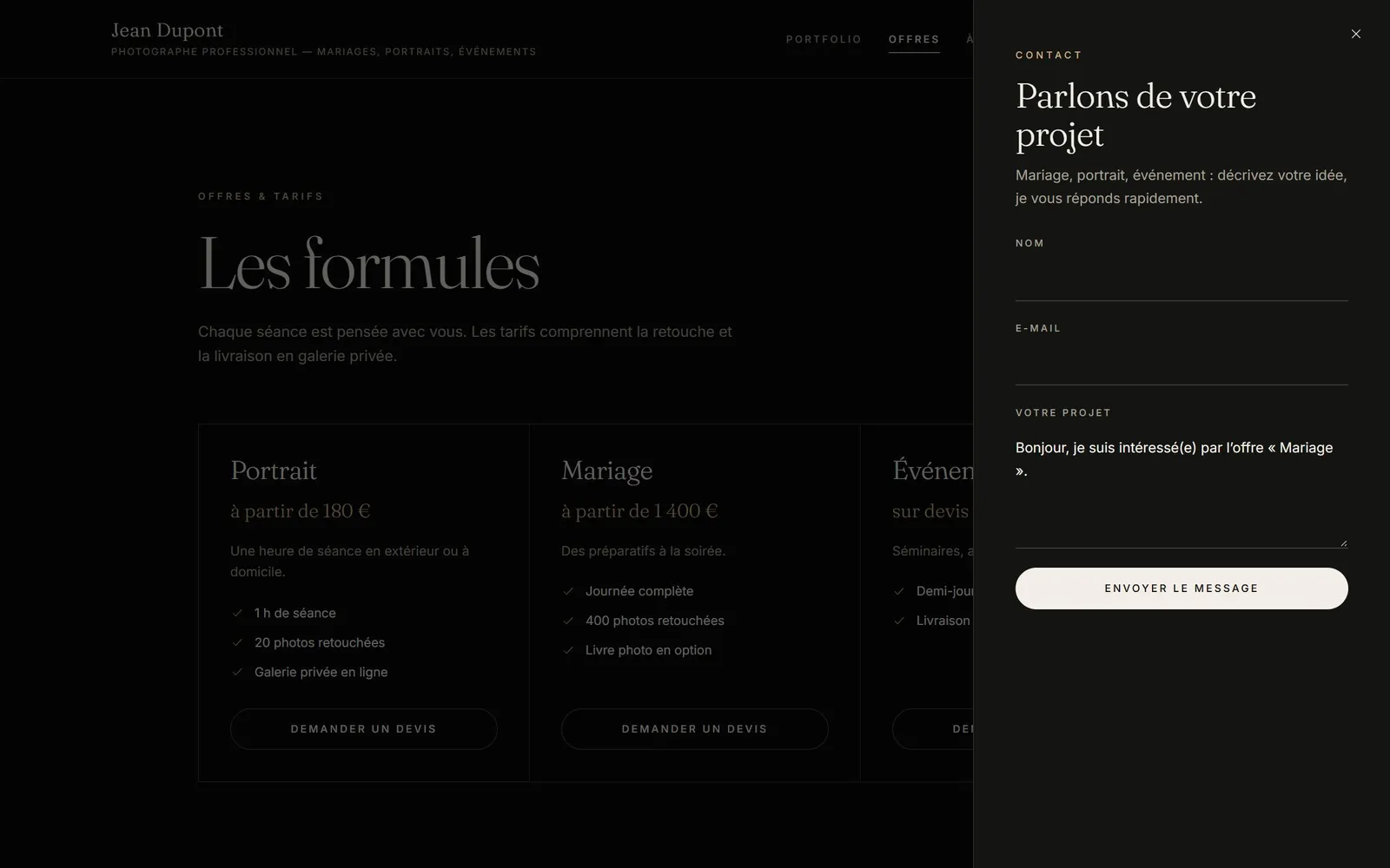 Page Offres avec le panneau de contact ouvert, pré-rempli avec l’offre Mariage