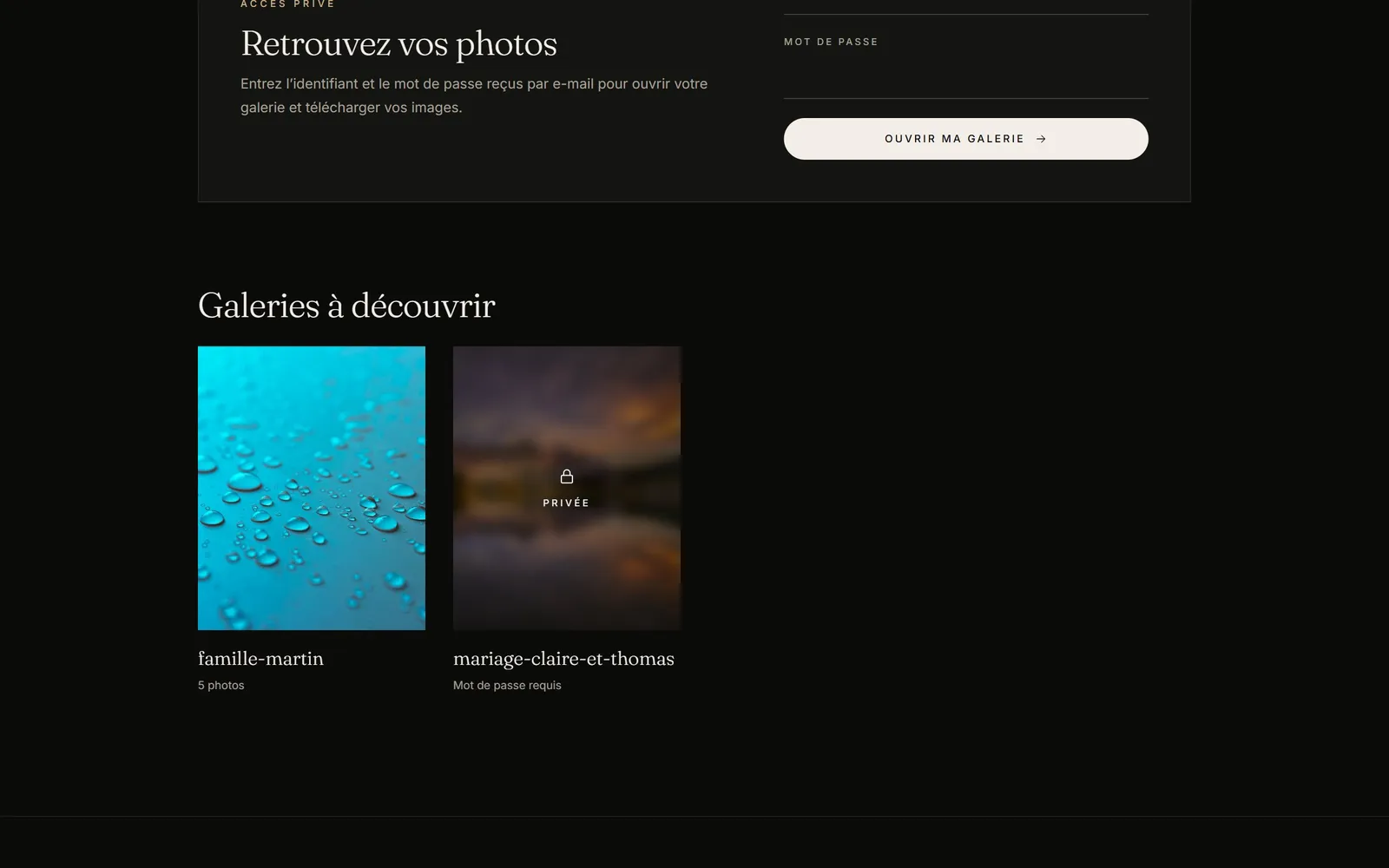 Page Galeries : une galerie publique et une galerie privée à la couverture floutée avec un cadenas